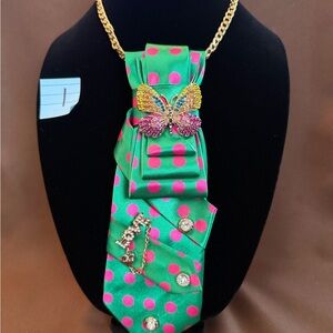 Green and Pink Polka Dot Butterfly Statement Necklace with Gold Chain
